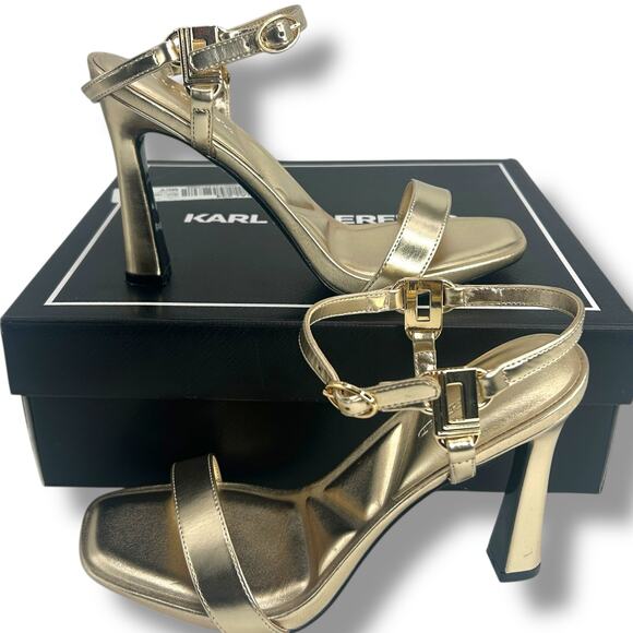Karl Lagerfeld Gold Strappy Heels Size 8 Metallic Ankle Strap High Stiletto EUC - Picture 2 of 13